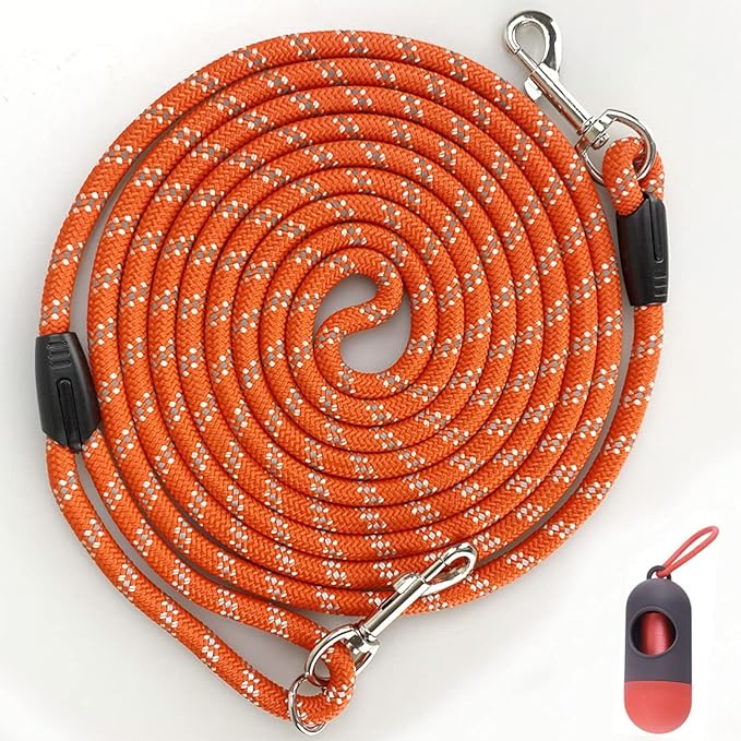 Long Rope Dog Leash for Dog Training 12FT 20FT 30FT 50FT, Reflective Threads Dog Cat Leashes Tie-Out Check Cord Recall Training Agility Lead for Large Medium Small Dogs (Orange, 10mm*30ft)