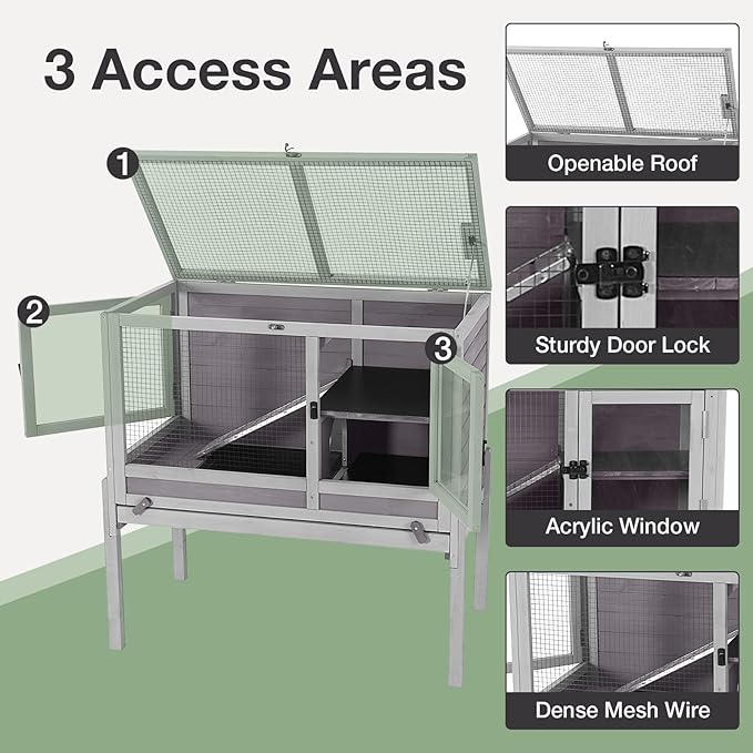 Guinea Pig Cage with Wooden Stand - Hamster Cage, Small Animal Cage Anti Chew Ramp, Hideout, Platform, Pull Out Tray (Grey, L)