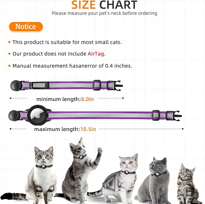 Airtag Cat Collar Breakaway, Odokele Reflective Cats Collars with Apple Air Tag Holder for Kitten, Cat GPS Tracker Adjustable Collars with Safety Quick Release Buckle for Kitties and Puppies - Purple