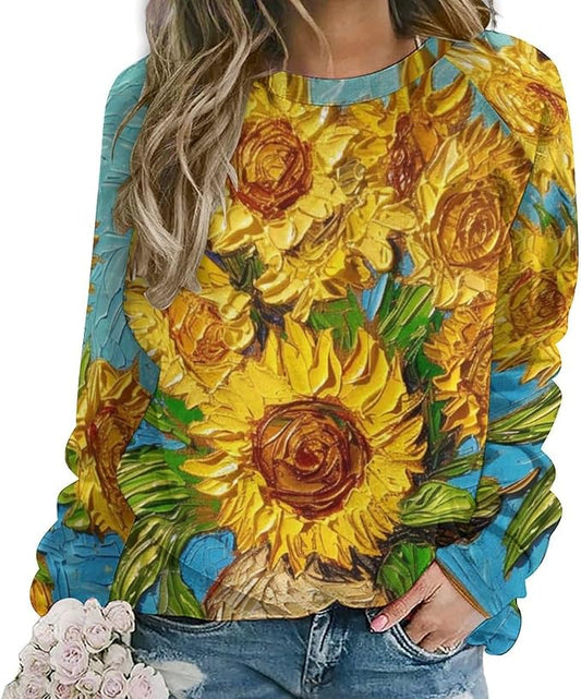 Long Sleeve Shirts for Women Cat Oil Painting Shirt 3D Graphic Sweatshirts Fall Pullover Crewneck Vintage Boho Tops