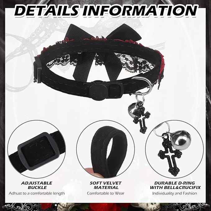EXPAWLORER Cat Collar Breakaway,Adjustable Soft Velvet Cat Collar with Cross Accessory and Bell,Safety Quick Release Gothic Style Pet Collar for Cat,Kitten,Small Dog