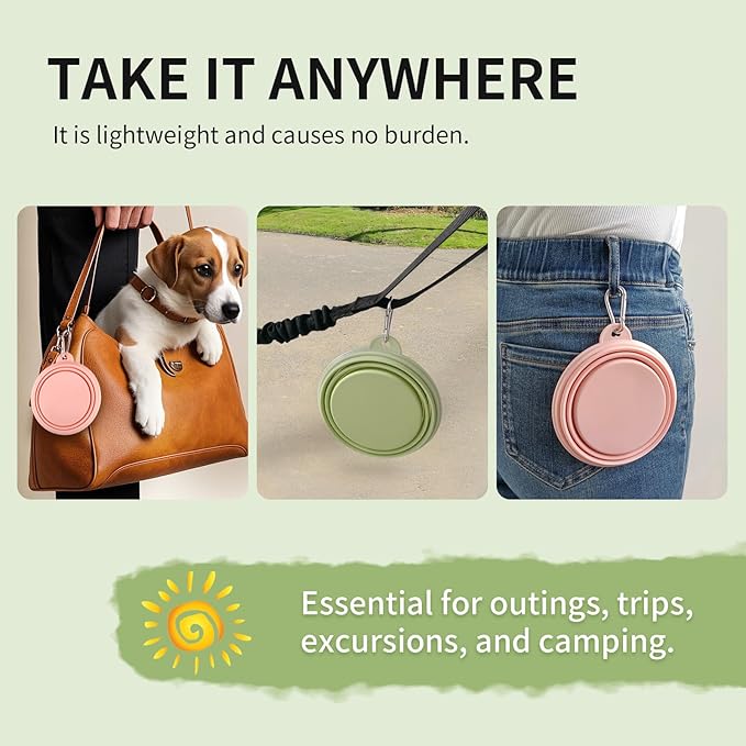 Collapsible Dog Bowls 2-Pack, Portable Travel Dog Bowl with Carabiner, Food-Grade Silicone Pet Bowl for Hiking, Walking (Macaron Pink and Green)