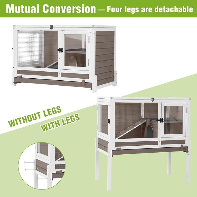 GUTINNEEN Indoor Rabbit Hutch Guinea Pig Cages with Chew-Proof Ramp, 2-Story Wooden Bunny House with Pull-Out Tray & Leakproof PVC Layer, Small Animal Cage with Detachable Legs