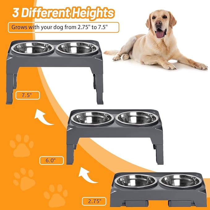 Hubulk Elevated Dog Bowls with 2 Stainless Steel Dog Food & Water Raised Bowls with No Spill Edge Non-Slip Stand Adjusts to 3 Heights(2.75", 6.0", 7.5") for Small Medium Dogs and Pet