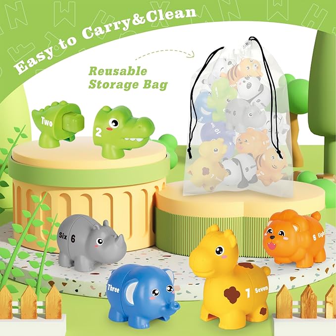 Learning Toys for 2 3 4 Year Old, 20 Pcs Number Matching Game with Digital English, 10 Different Animal Figures, Preschool Activities Montessori Fine Motor Toys for Toddlers Kids