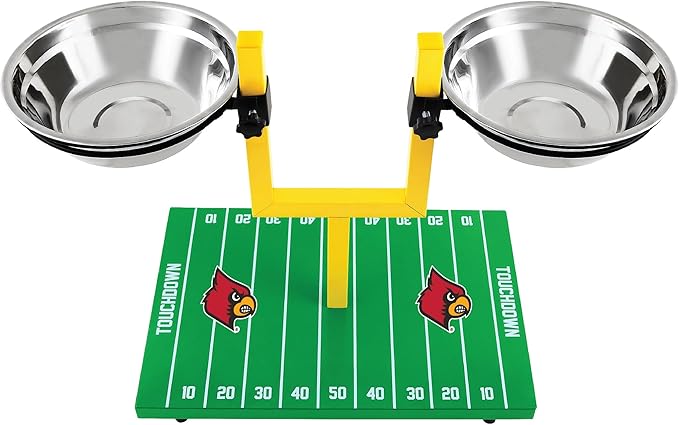 NCAA Louisville Cardinals Goalpost Football Field Dog Feeder – Adjustable Elevated Dog Bowls with Stand, 2 Stainless Steel Bowls, Non-Slip Rubber Feet, Raised Pet Feeder for Large & Small Dogs