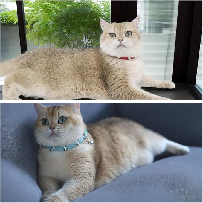 Spiked Cat Collar with Bells, Breakaway Genuine Leather Protective Collar for Kitty, Studs Spikes Punk Style Adjustable for Girl Boy Kittens Small Bunny Rabbit, 10"-12" Red