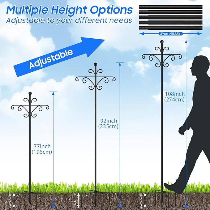 108 Inch Shepherds Hooks for Outdoor, Multiple Hook Adjustable Bird Feeder Pole,Garden Pole Hanger Stands with 5 Base Prongs for Hummingbird Feeder,Plant Basket, Solar Lantern Lights,Wind Chimes