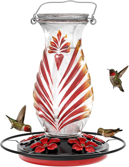 Hummingbird Feeder for Outdoors, 24oz Glass Nectar Feeder with Perch & 5 Flower Feeding Ports, Leakproof Hanging Bird Feeder for Garden Yard Decor, Outside Gifts for Women & Mom, Ruby Red
