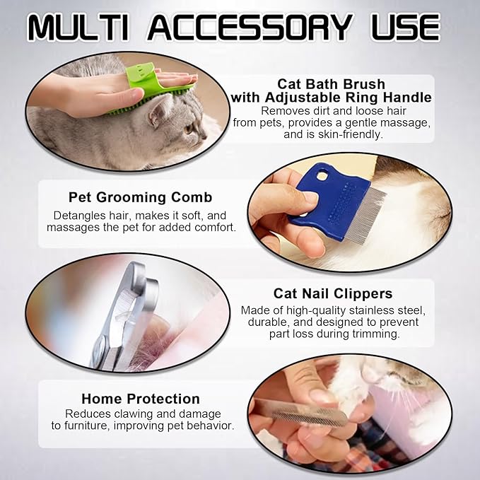 FANOVO Cat Mesh Bathing Bag, Adjustable Cat Bath Bag with Nail Clipper, Bath Brush, Nail File & Comb, Anti-Scratch Shower Bag for Pet Grooming, Bathing & Restraint, Durable Washing Bag for Cats