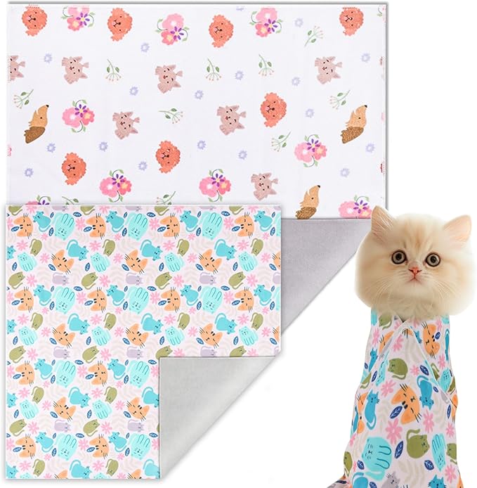 Cat Wrap for Grooming Self-Adherent Cat Wrap for Cutting Nails Cat Grooming Wrap Cat Burrito Wrap Anti-Bite, Anti-Escape Cat Swaddle Wrap 2PCS (Green Kitten-M & Floral-XL, M & XL)