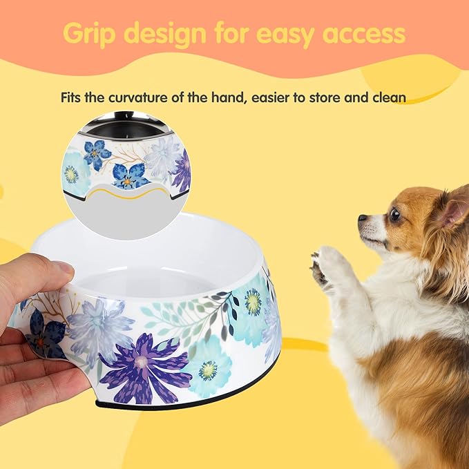 Pet Cats Dogs 2 in 1 Food Water Bowls - Non Slip Skid Proof Heavy Duty Pet Cats Dog Food Water Bowls for Feeding Drinking Small Medium Large Dogs Cats Puppies (Blue Flower, L:28 OZ)