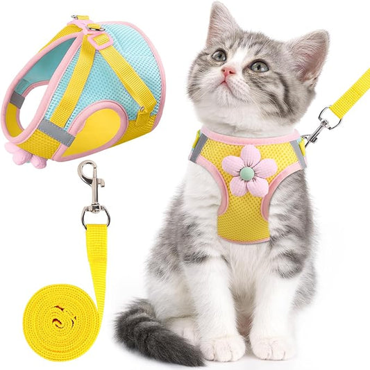 Cat Harness and Leash Set for Walking Escape Proof, Adjustable Kitten Harness Breathable Mesh with Reflective Strips Harness with Flower for Kitty Puppy Bunny Yellow Small