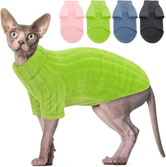 SUNFURA Sweaters for Cats, Hairless Sphynx Sweater Kitten Pullover with Sleeves, Warm and Soft Cat Pajamas Fleece Sweatshirt Jumpsuit, Turtleneck Clothes for Fall Winter, Green L