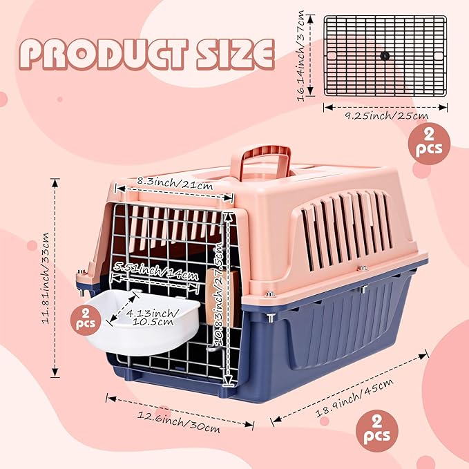 2 Set Pet Carrier for Small Dogs and Cat, Hard Shell Plastic Dog Crate with Bowl and Cooling Pad Fully Breathable Portable Kennel for Small Pet Travel Camp(Blue,18.9 x 12.6 x 11.8 Inch)
