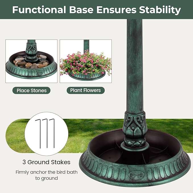 LDAILY Outdoor Bird Bath, 42'' Solar Lighted Pedestal Birdbath with Bird Feeder, 20'' Water Bowl, Flower Planters and 3 Stakes, Attract Birds, Antique Finish