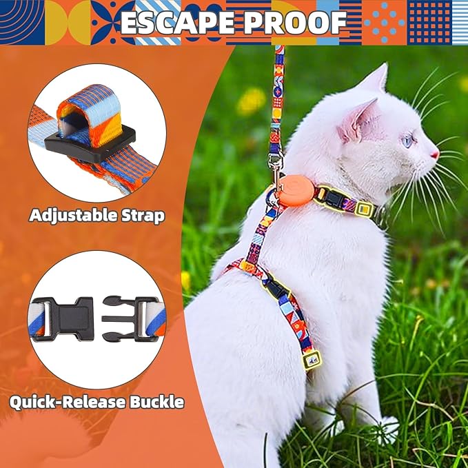PUPTECK Adjustable Cat Harness and Leash Set Escape Proof Kitten Strap Collar for Walking Travel, Geometry Pattern