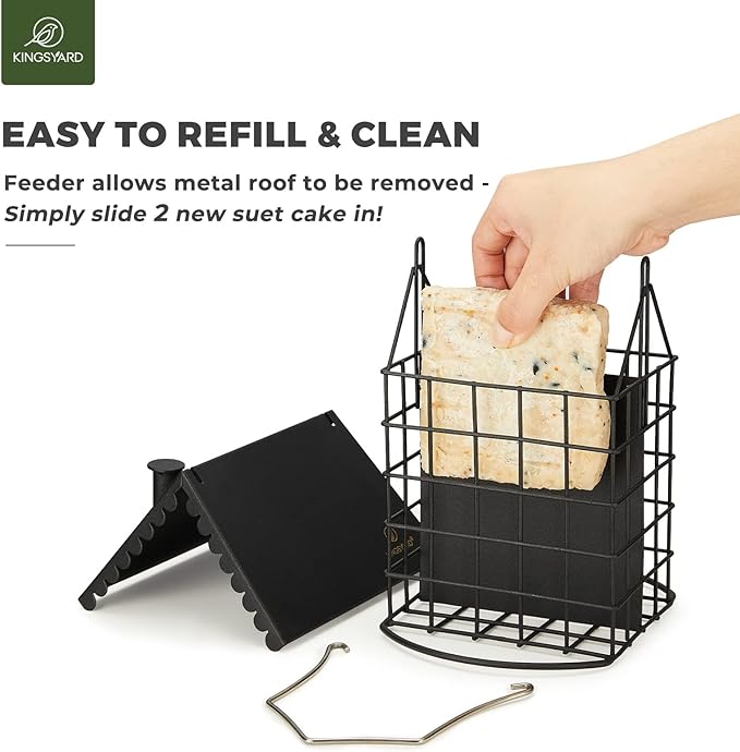 Kingsyard Double Suet Bird Feeder with Weatherproof Roof & Perch, All Metal, Suet Cakes Cage Bird Feeder for Outdoors Hanging, Easy to Clean & Refill, Black