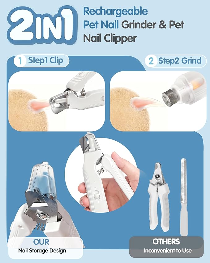 2 in 1 Dog Nail Trimmers & Dog Nail Grinder for Large Medium Small Dogs Cats Claw Trimmer with 2 LED Lights & Splash Guard, Ultra-Quiet, USB Rechargeable Pet Claw Care Grooming