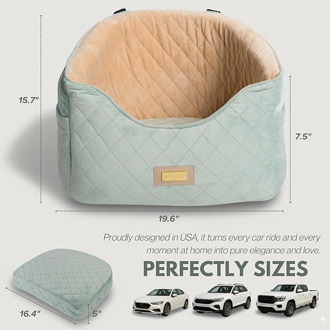 Premium 2-in-1 Dog Car Seat & Home Bed for Small Dogs – Premium Travel Pet Bed with Safety Straps, Stylish Design, Soft Plush Cushion & Secure Portable Comfort – Under 30lbs (Green)