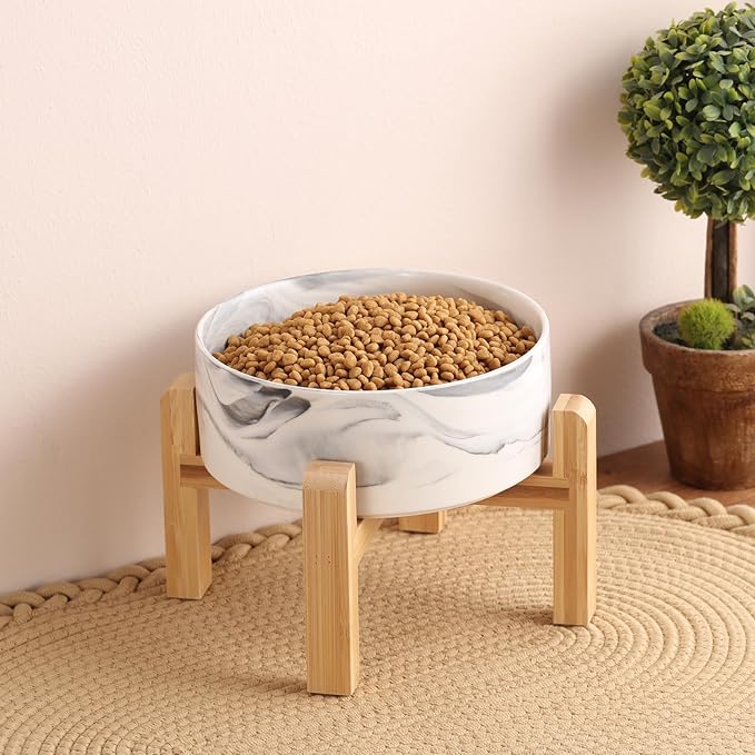 Elevated/Raised Dog Bowl Ceramic for Small Medium Sized Breed,Dog Food Water Bowl with Stand,6 in 3.6 Cups Non Slip Heavy Weighted Marble Grey