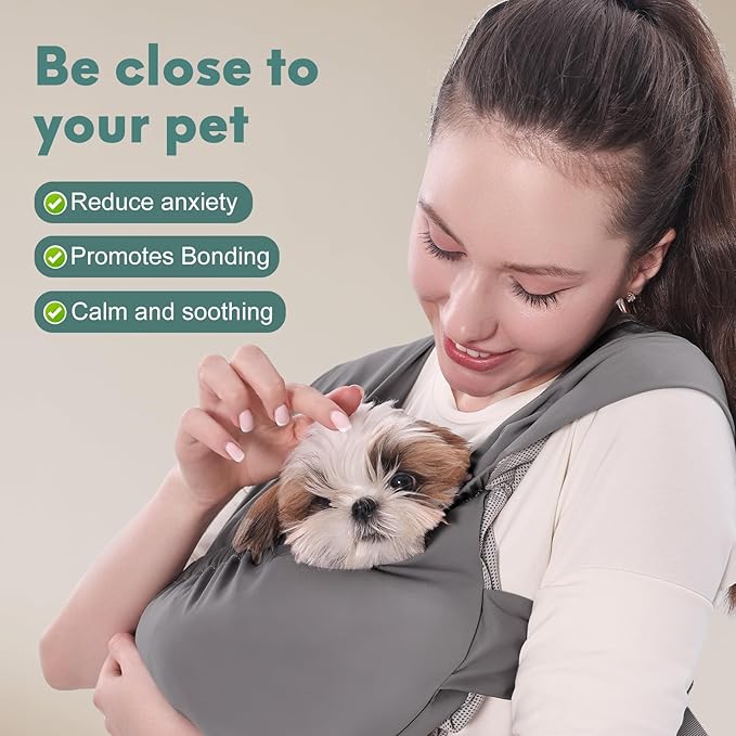 Supet Dog Sling Carrier for Small Pets, Hands Free Front Cat Sling, Reducing Back Neck Pain Anti-Anxiety, Adjustable Soft Carrying (Grey, Plus)