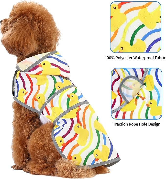Dog Raincoat for Small Dogs Puppies Waterproof Hooded Rain Jacket with Reflective Strips Leash Hole & Poncho Adjustable Fit (Rainbow,S)