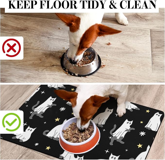 Halloween Dog Food Mat for Floors - Absorbent, Quick Dry, Non-Slip Bowl Mat for Pet Food and Water - Cat and Dog Accessories