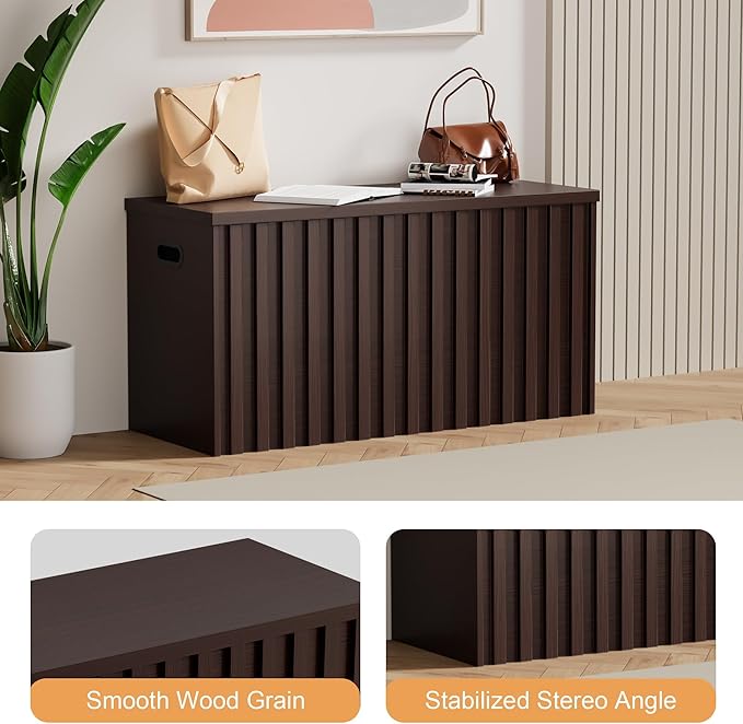 UEV Storage Bench,39.4" Wood Box, Storage Trunk with 2 Safety Hinges, Ottoman Storage Chest, Fluted Storage Bench for Bedroom, Entryway, Living Room (Walnut)