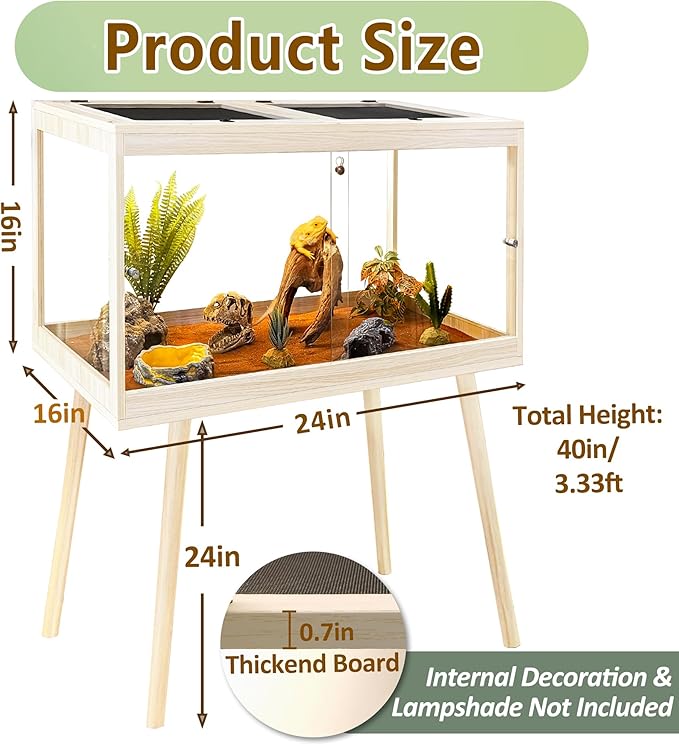 PROLEE Tempered Glass Reptile Enclosure with Leg,24“ Scratch-Proof Bearded Dragon Tank,28 Gallon Lizard Tank with Metal Mesh Tops and Lockable Door,Spacious Reptile Habitat for Snake,Lizard (Oak)