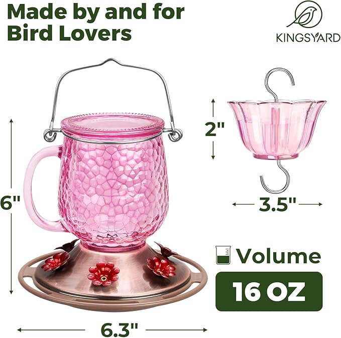 Kingsyard Glass Hummingbird Feeders for Outdoors, 16 Oz Wild Bird Feeder 6 Feeding Ports & Ant Moat Included, Hanging Bird Nectar Feeder for Garden Tree Yard Outside Decoration, Pink