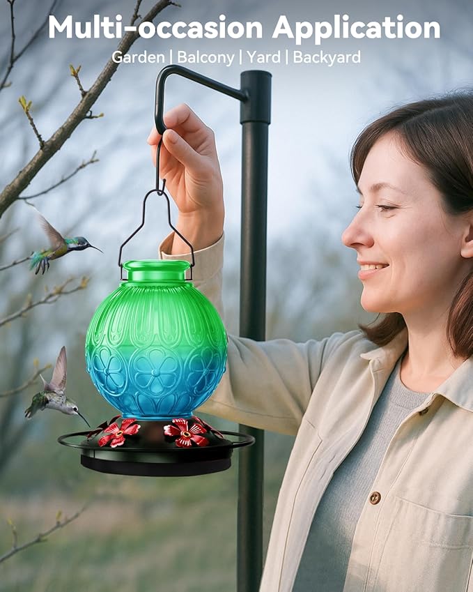 26Oz Hummingbird Feeder for Outdoors, Vintage Glass Bird Feeder with Perch, Durable & Easy to Clean, Hanging Nectar Feeder for Garden, Yard, Deck – Gift for Bird Lovers (Green)