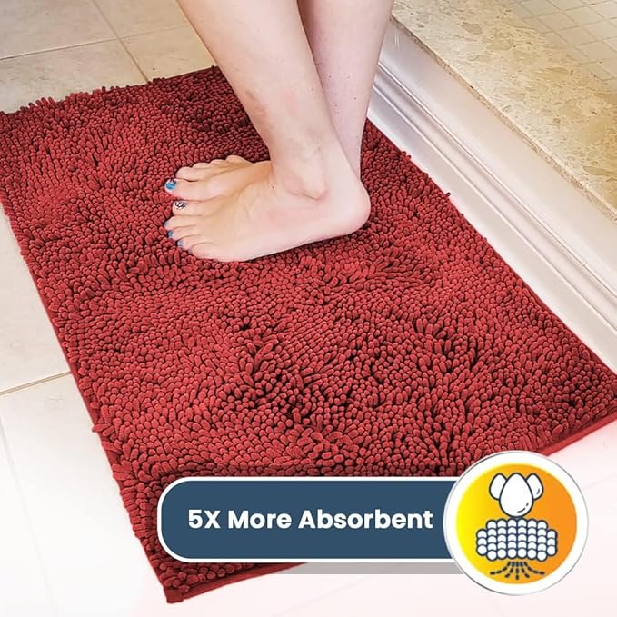 Muddy Mat® AS-SEEN-ON-TV Highly Absorbent Microfiber Door Mat and Pet Rug, Non Slip Thick Washable Area and Bath Mat Soft Chenille for Kitchen Bathroom Bedroom Indoor and Outdoor - Red 24" x 96"