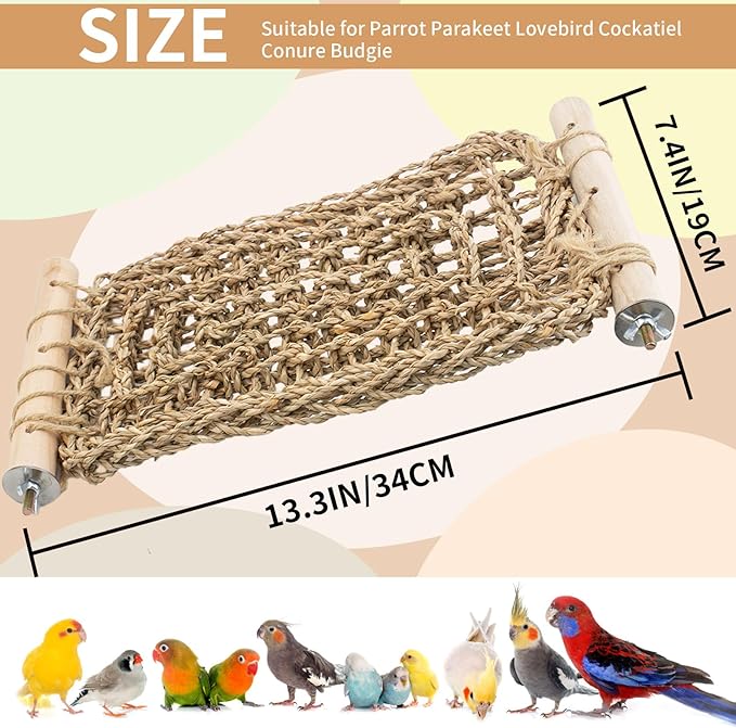 FlidRunest Conure Ladder Perch for Cage, Bird Seagrass Ladder Bridge Exercise Stands, Natural Hand-Woven Parrot Net Climbing Chewing Hammock, Cage Accessories for Lovebird Conure Budgie Parakeet