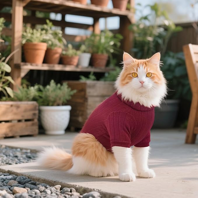 Idepet Sphynx Hairless Cats Sweater Shirt Kitten Soft Puppy Clothes Pullover Cute Cat Pajamas Jumpsuit Cotton Apparel Pet Winter Turtleneck for Cats and Teacup Chihuahua Small Dogs(Red,M)