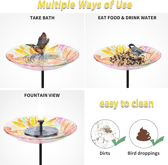 MUMTOP Glass Bird Baths for Outdoors-Outdoor Bird Bath Bowl- Watercolour Daisy Birdbaths Yard Stake, Bird Feeders for Outside, Garden, Patio, Lawn Decor