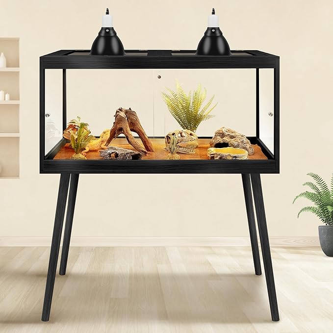 Prolee Tempered Glass Reptile Enclosure with Leg,40“ Scratch-Proof Bearded Dragon Tank,62 Gallon Lizard Tank with Metal Mesh Tops and Lockable Door,Spacious Reptile Habitat for Snake,Lizard (Black)