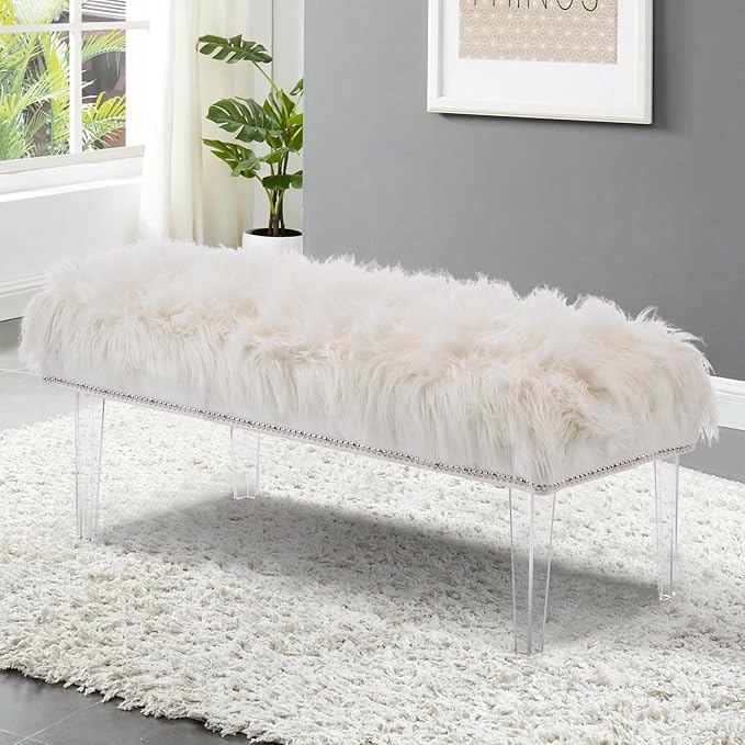 46 Inch White Bedroom Bench, Benches for Bedroom White Faux Fur Upholstered Bed end Bench, Tufting Ottoman Bench Indoor Bench with Acrylic Legs for Living Room Bedroom Entryway