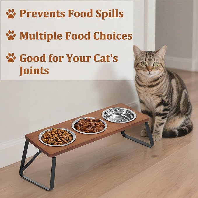 Foldable Raised Cat Bowls Holder 3 Stainless Steel Dog Cat Feeder 12 °Tilt Elevated Pet Water Food Bowls for Cats Puppies Rabbits