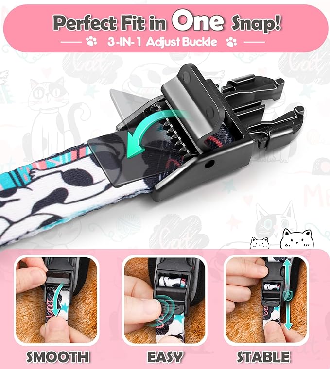 Halypet Cat Harness and Leash Set[MAX Safety 4th-Gen] Cute Escape Proof Vest Harness for Girl&Boy Cat Walking, Comfortable Adjustable Leash and Reflective Strips for Outdoor Kitten, XS Inky Meowy