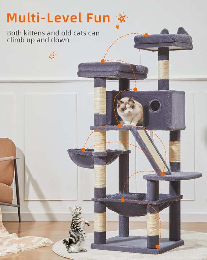 Taoqimiao Cat Tree 57.5-Inch, Cat Tower for Indoor Cats Large Adult, Extra Large Cat Condo, 8 Sisal Scratching Posts, Metal Frame Cozy Hammock, Durable Scratch Board, 2 Top Perches, Smoky Gray MS026G