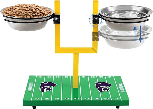 NCAA Kansas State Wildcats Goalpost Football Field Dog Feeder – Adjustable Elevated Dog Bowls with Stand, 2 Stainless Steel Bowls, Non-Slip Rubber Feet, Raised Pet Feeder for Large & Small Dogs
