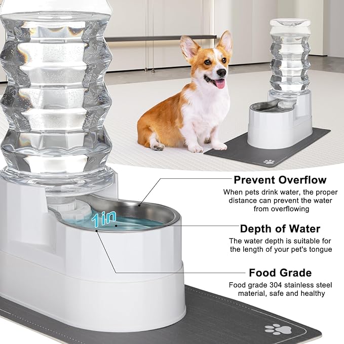 RIZZARI Automatic Dog Water Dispenser：8L Lagre Stainless Steel Raised Pet Water Bowl Gravity Feeder with Filter & Waterproof Mat - Indoor/Outdoor Pet Feeder