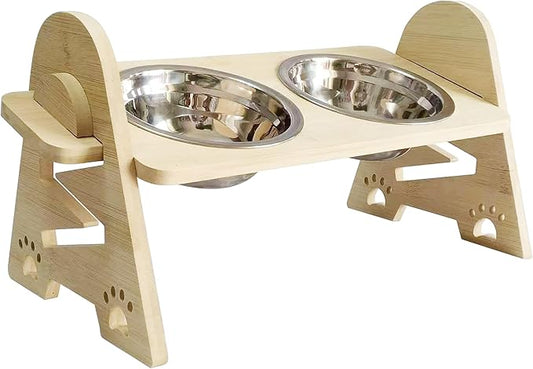 Elevated Adjustable Raised Dog Bowls with Stand for Small Size Dogs and Cats, Sturdy Bamboo Dog Feeder with 2 Stainless Steel Bowls (Stainless Steel, for Cats & Dogs)