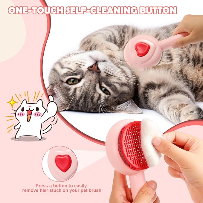 New cat brush&dog brush,pet hair brush with Self Cleaning Button Easy to remove loose undercoat，Needle-tip massage beads, no harm to the skin,Lovely Heart Series(Khaki)