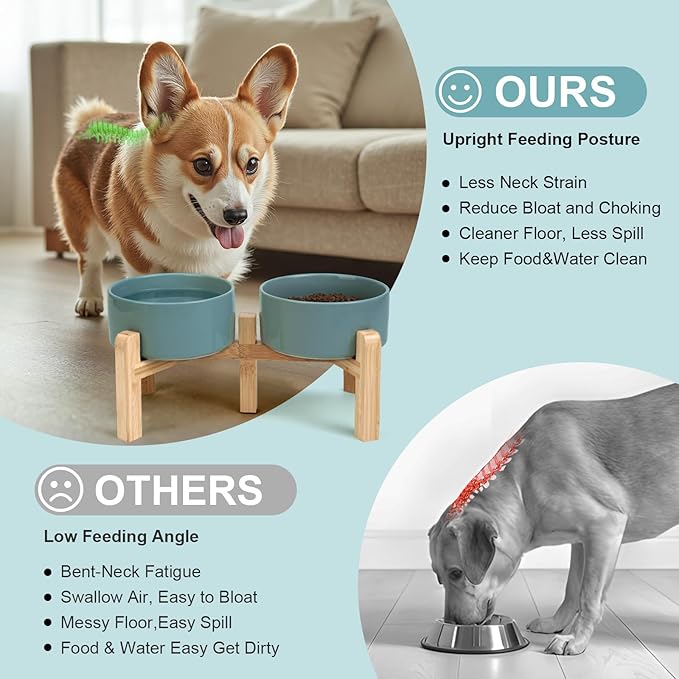 SPUNKYJUNKY Elevated Dog Bowls Ceramic, 6.1'' Dogs and Cat Food Water Bowls Raised with Non-Slip Bamboo Stand for Medium Sized Breed Microwave Dishwasher Safe - 28.7 OZ,Dark Green