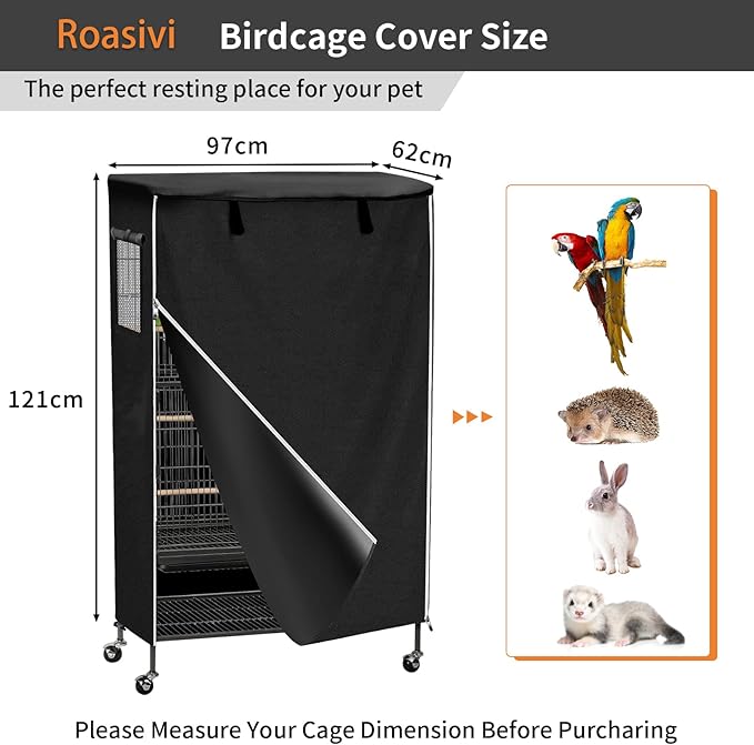 Roasivi Universal Large Birdcage Cover Black Out and Breathable Cages Cover for Parrots and Other Small Animals Durable Waterproofing Washable Material 36" L x 25" W x 48" H Black