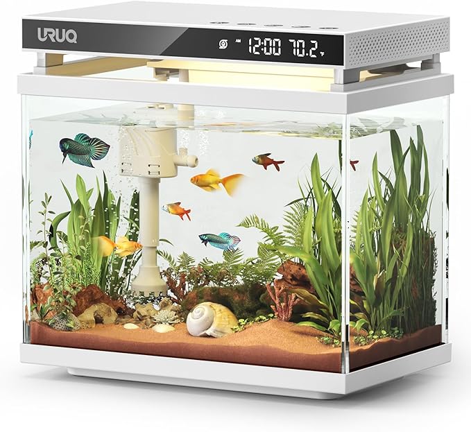 Fish Tank Smart Aquarium Kit: URUQ 2 Gallon Self Cleaning Multi-Layer Filtration System Silent Pump - UHD Glass 7-Color Lighting Temperature Monitoring - Fragrance Diffuser Humidifier White