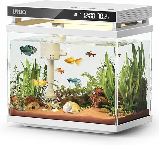 Fish Tank Smart Aquarium Kit: URUQ 2 Gallon Self Cleaning Multi-Layer Filtration System Silent Pump - UHD Glass 7-Color Lighting Temperature Monitoring - Fragrance Diffuser Humidifier White
