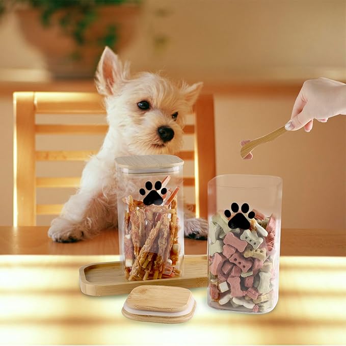 37oz Dog Treat Container Set of 2, Glass Dog Treat Jars for Kitchen Counter with Airtight Bamboo Lids, Small Pet Treat Canister,Puppy Food Bin for Kitchen Counter,Freshness Seal-Clear